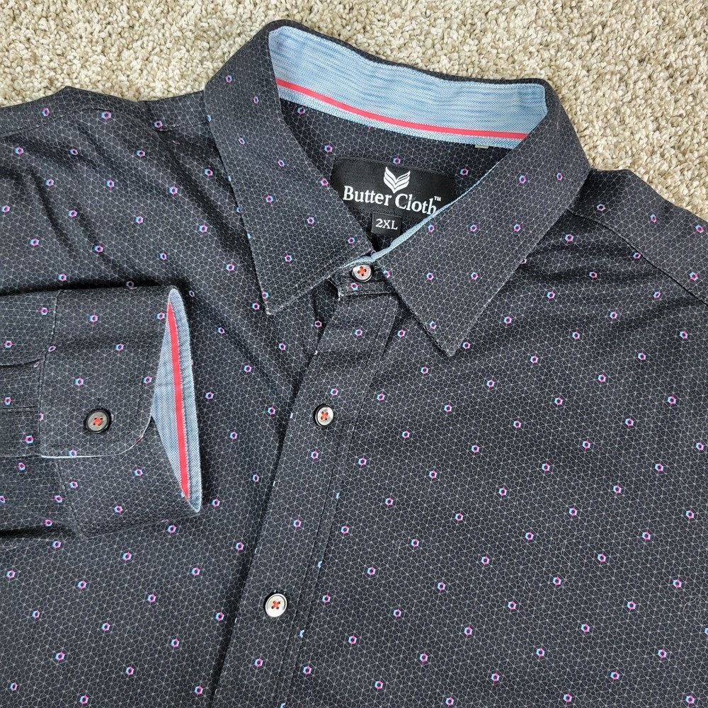 Buttercloth Mens 2XL Black AOP Geometric Performance Stretch Button Up LS